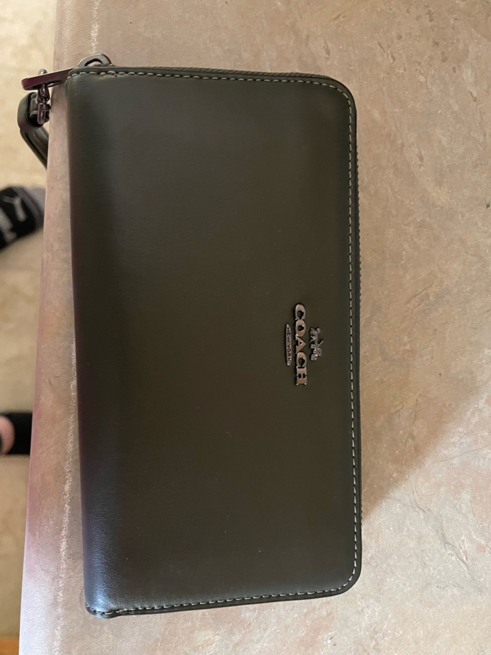 Coach Dark Green Leather Zip Wallet Wristlet with Silver Logo